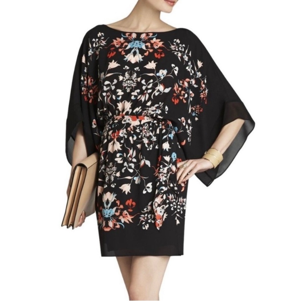 BCBGMaxazria Size S Small Black Red Floral Kimono Scarf Lois Silk Dress Womens